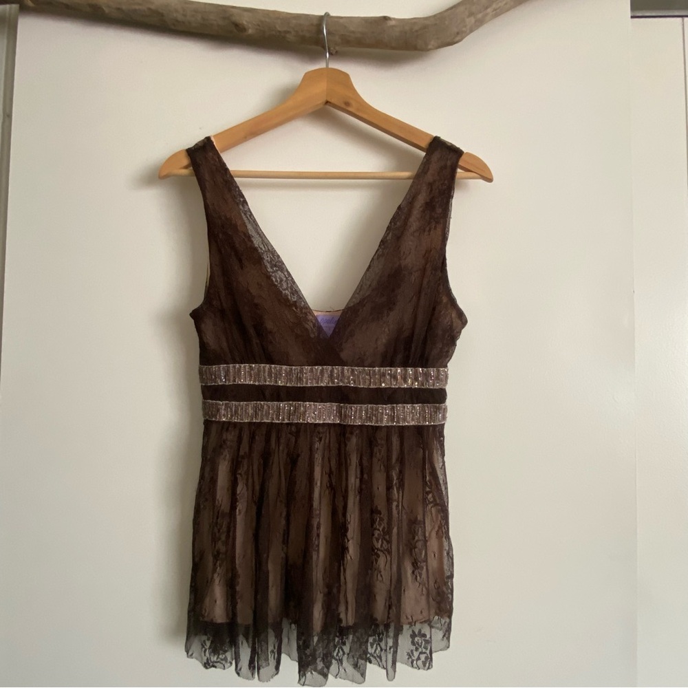 Opalina | Sz Sm | Lace Beaded V neck tank top | Special Occassion Top | Brown
